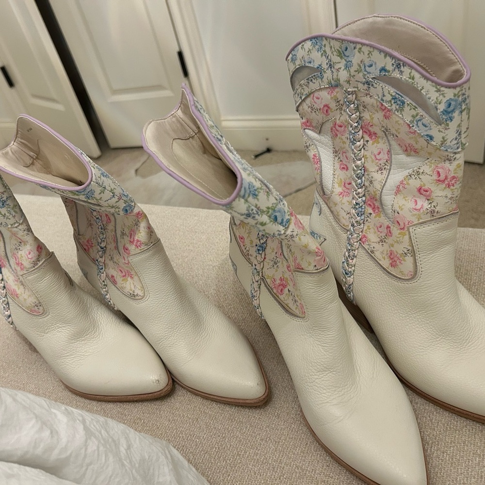 Dolce Vita Cream and Pink Heeled Boots with Lace Details